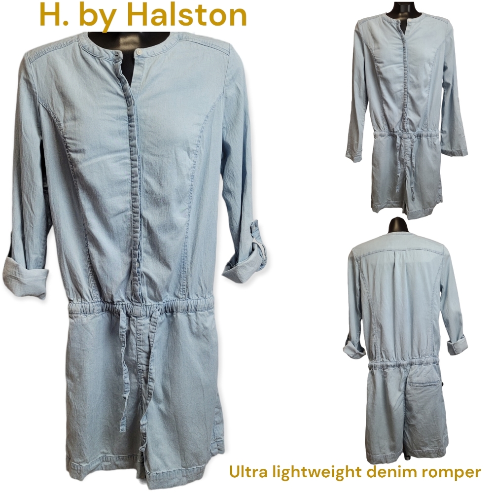H by Halston Chambray lyocell Romper indigo long-sleeved button down women's 4